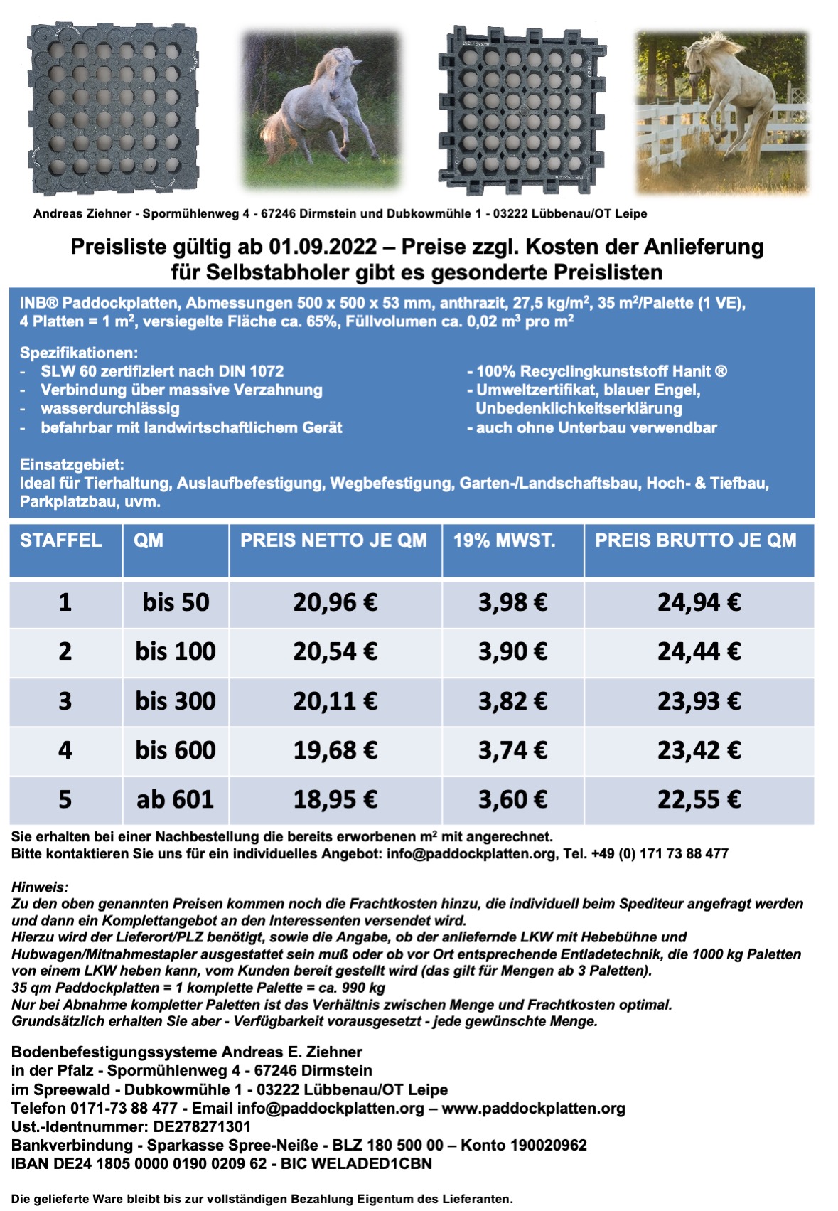 Preisliste INB Paddockplatten gültig ab 01.09.2022 Versendung