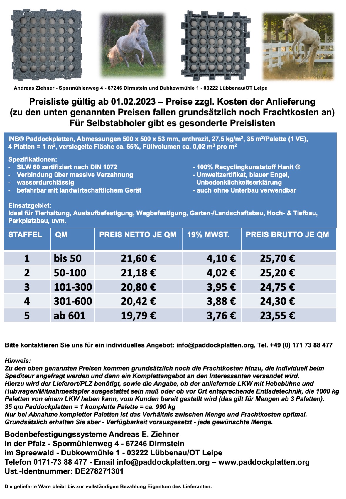 Preisliste INB Paddockplatten gültig ab 01.02.2023 Versendung